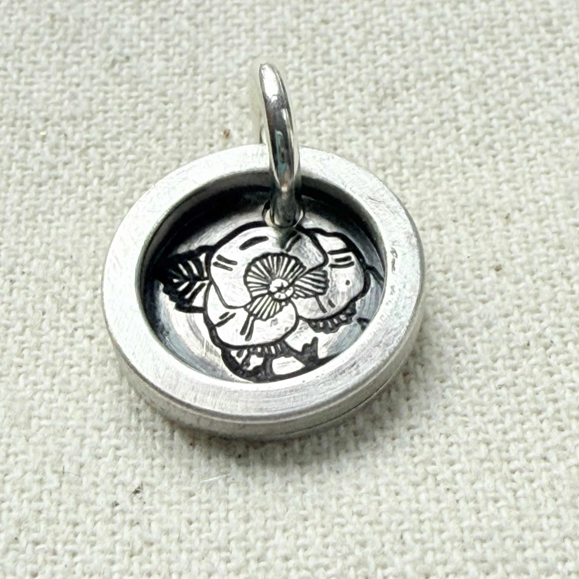 Violet Birth flower sterling silver wax seal style pendant with raised border hand crafted from sterling silver sheet and wire - drake designs jewelry