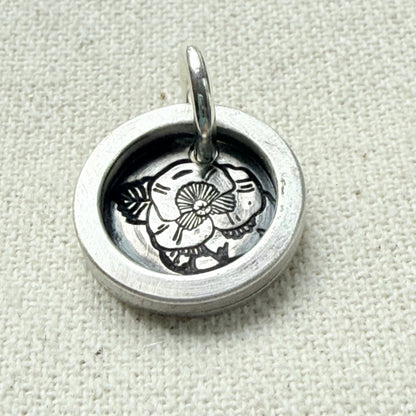 Violet Birth flower sterling silver wax seal style pendant with raised border hand crafted from sterling silver sheet and wire - drake designs jewelry