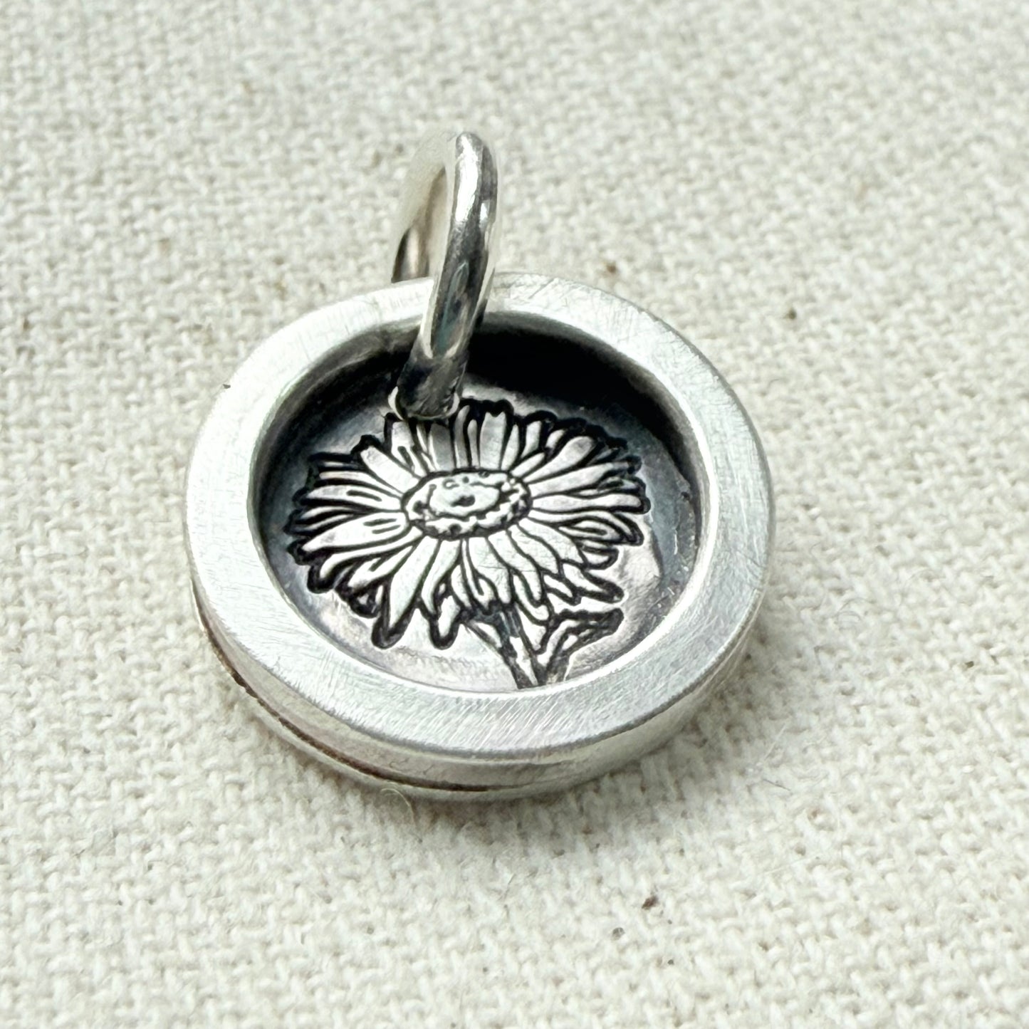 Daisy Birth flower sterling silver wax seal style pendant with raised border hand crafted from sterling silver sheet and wire - drake designs jewelry