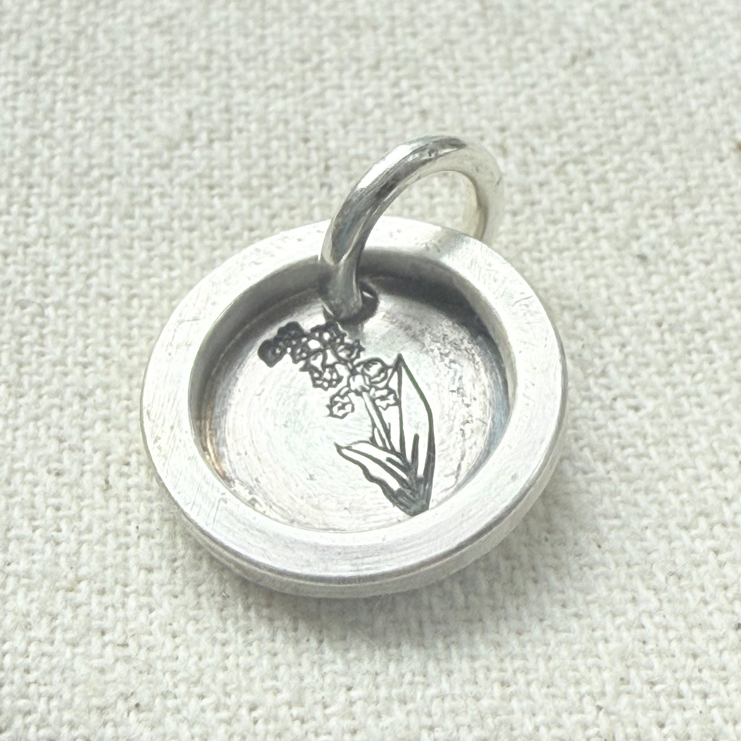 Lily of the Valley Birth flower sterling silver wax seal style pendant with raised border hand crafted from sterling silver sheet and wire - drake designs jewelry