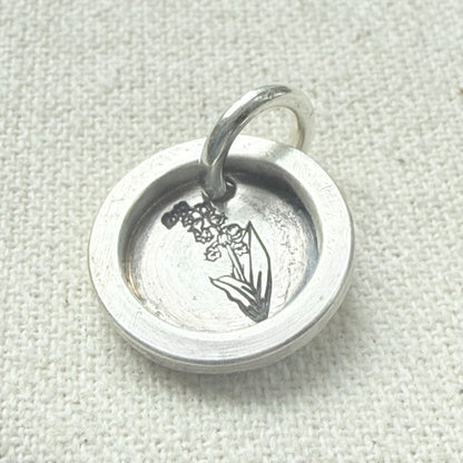 Lily of the Valley Birth flower sterling silver wax seal style pendant with raised border hand crafted from sterling silver sheet and wire - drake designs jewelry