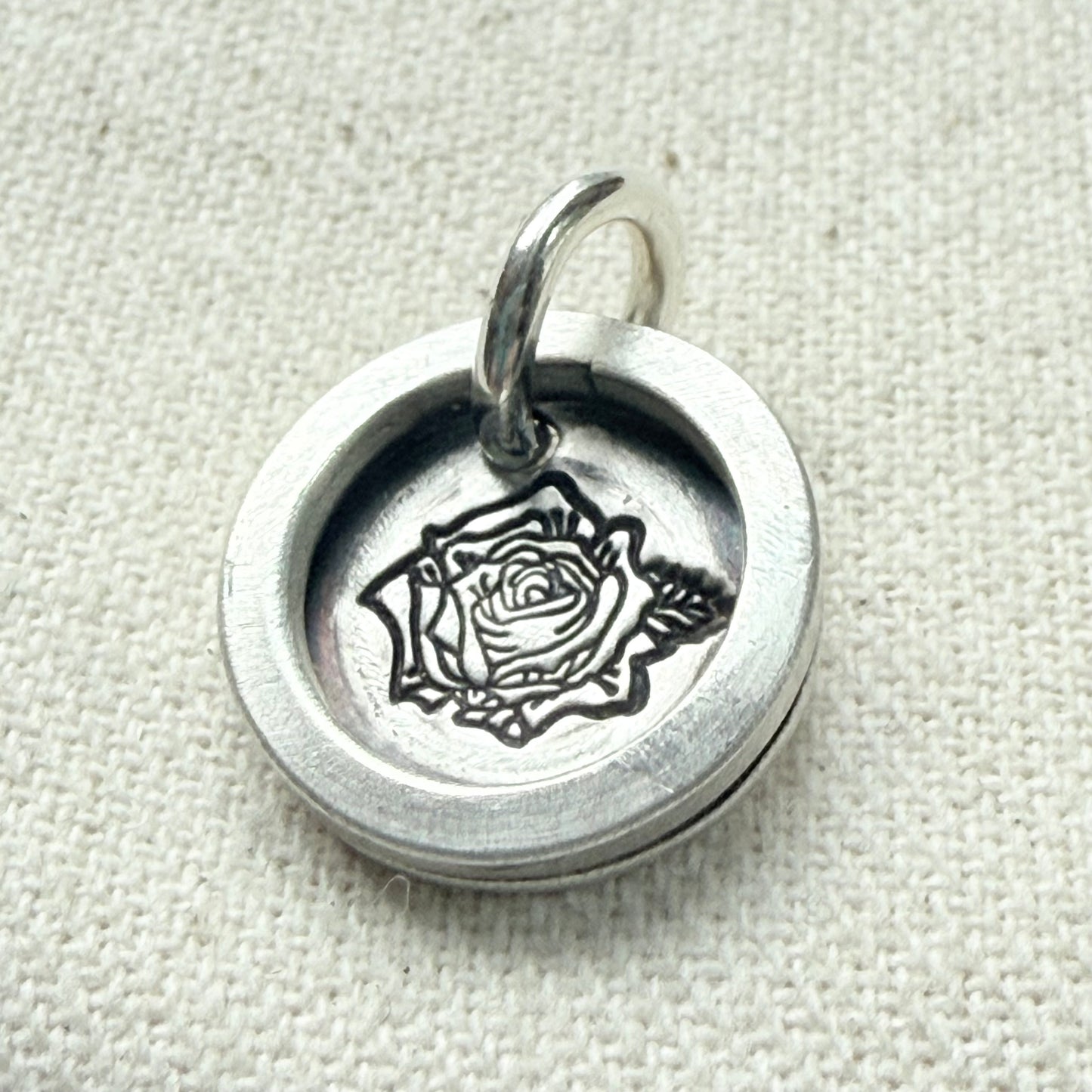 Rose Birth flower sterling silver wax seal style pendant with raised border hand crafted from sterling silver sheet and wire - drake designs jewelry