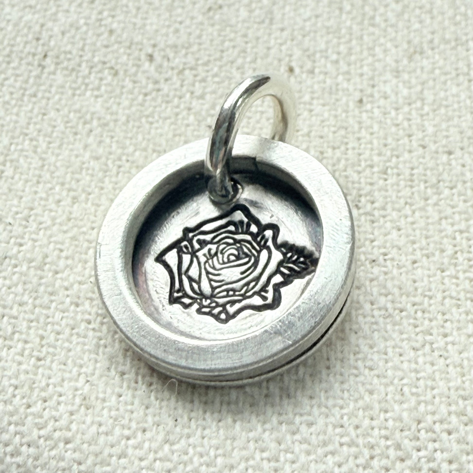 Rose Birth flower sterling silver wax seal style pendant with raised border hand crafted from sterling silver sheet and wire - drake designs jewelry