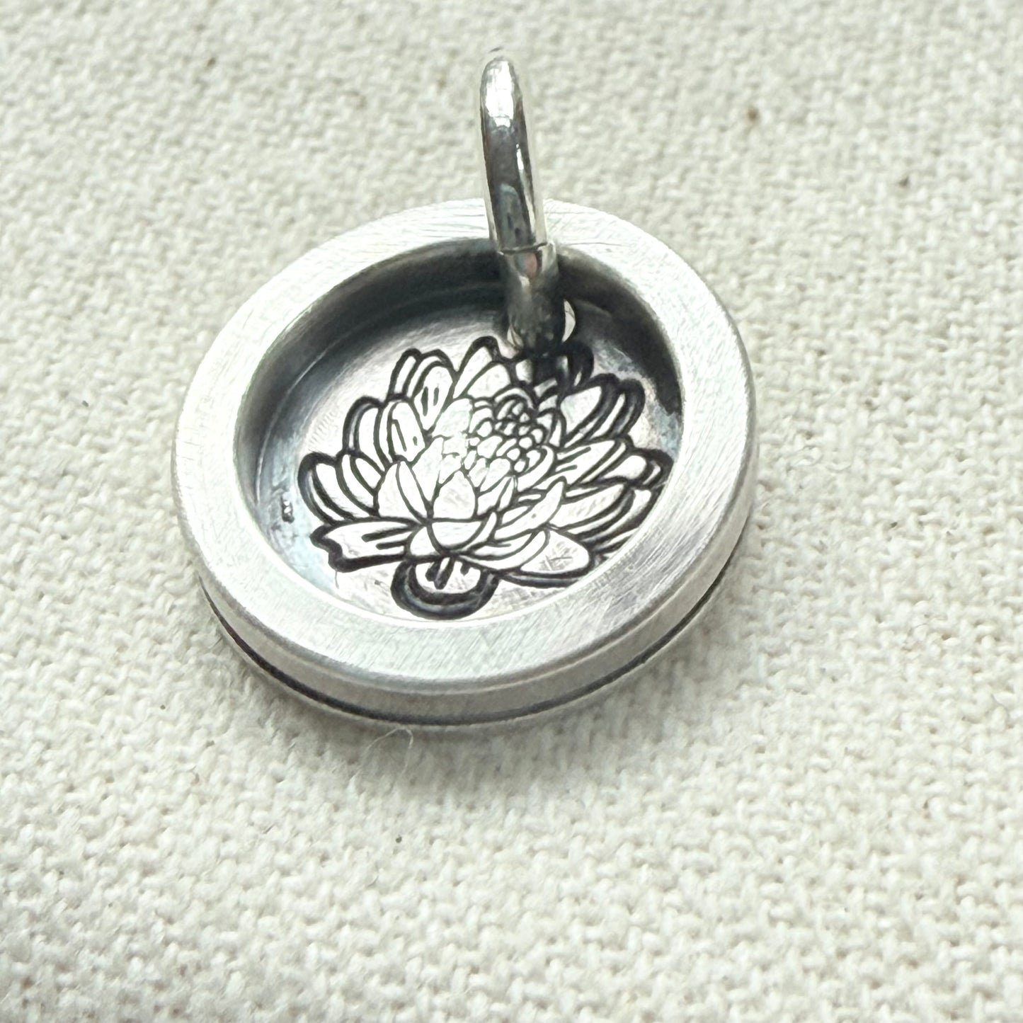 Water Lily Birth flower sterling silver wax seal style pendant with raised border hand crafted Lotus flower necklace from sterling silver sheet and wire - drake designs jewelry