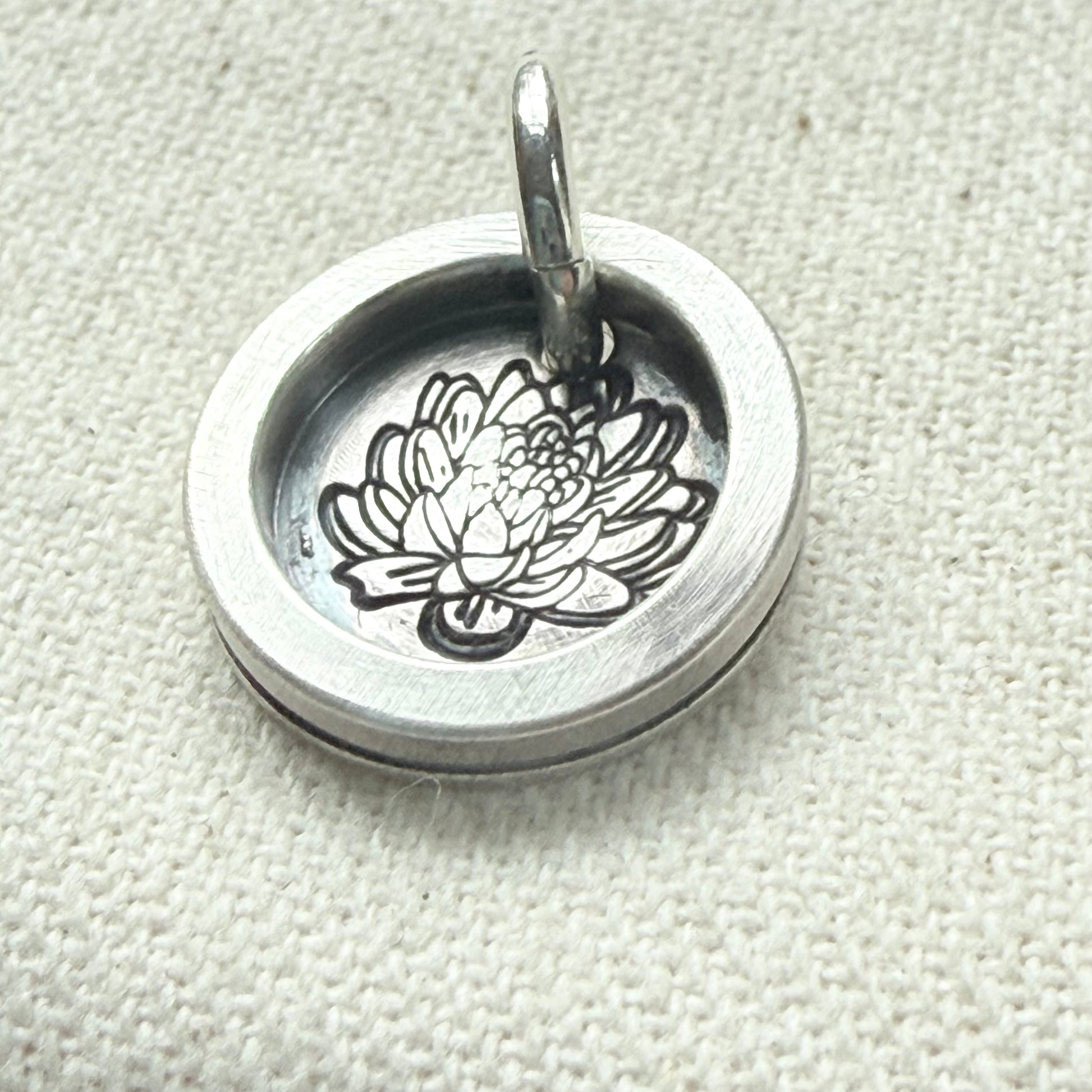 Water Lily Birth flower sterling silver wax seal style pendant with raised border hand crafted Lotus flower necklace from sterling silver sheet and wire - drake designs jewelry