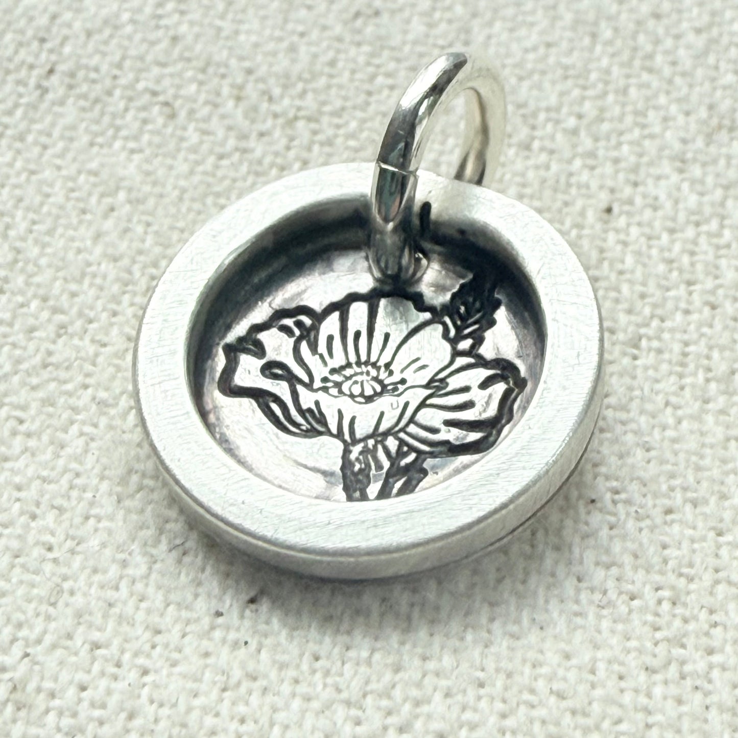 Poppy birth flower sterling silver pendant with raised border hand crafted from sterling silver sheet and wire - drake designs jewelry