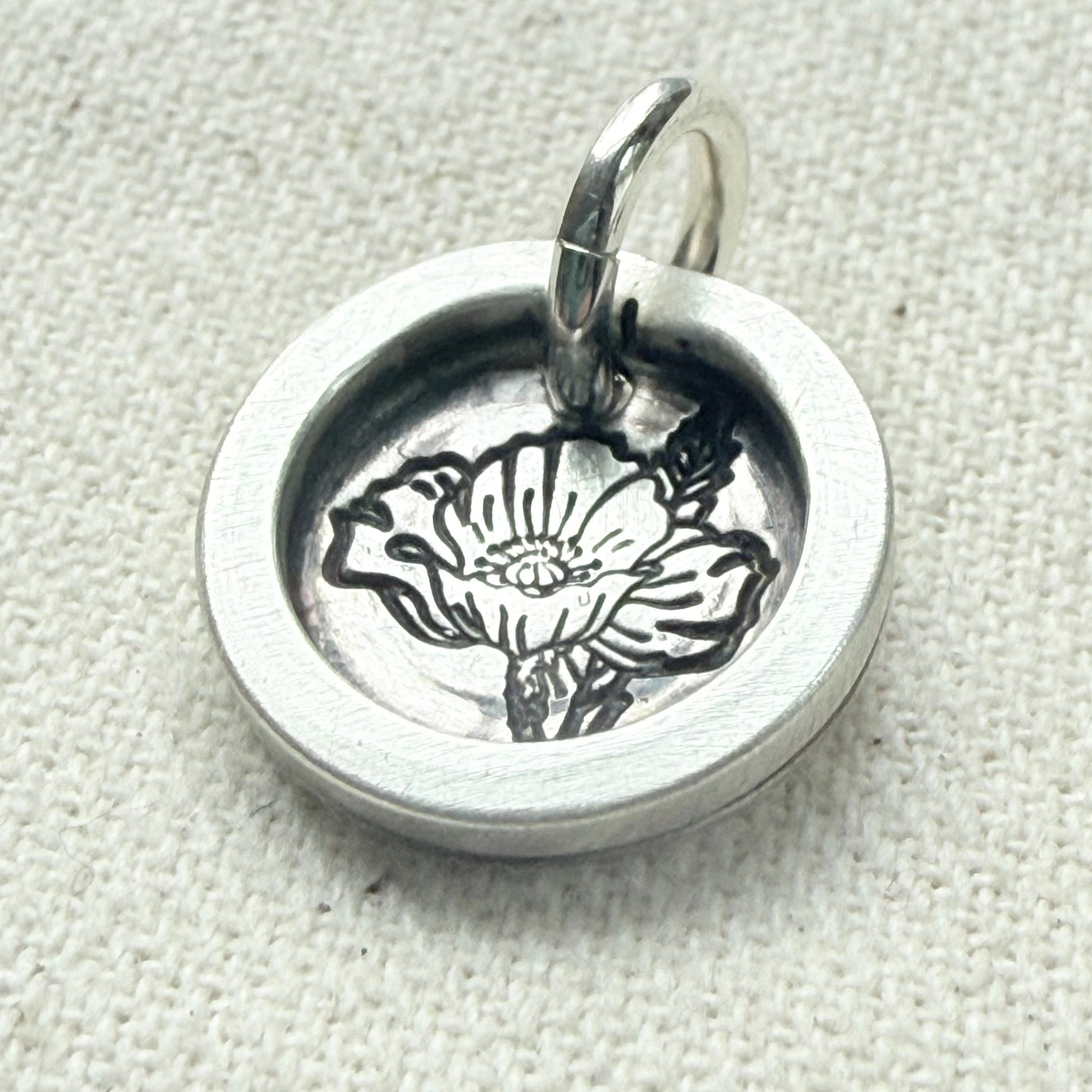 Poppy birth flower sterling silver pendant with raised border hand crafted from sterling silver sheet and wire - drake designs jewelry