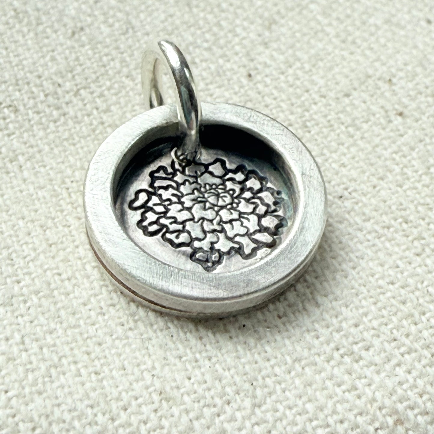 Marigold Birth flower sterling silver wax seal style pendant with raised border hand crafted from sterling silver sheet and wire - drake designs jewelry