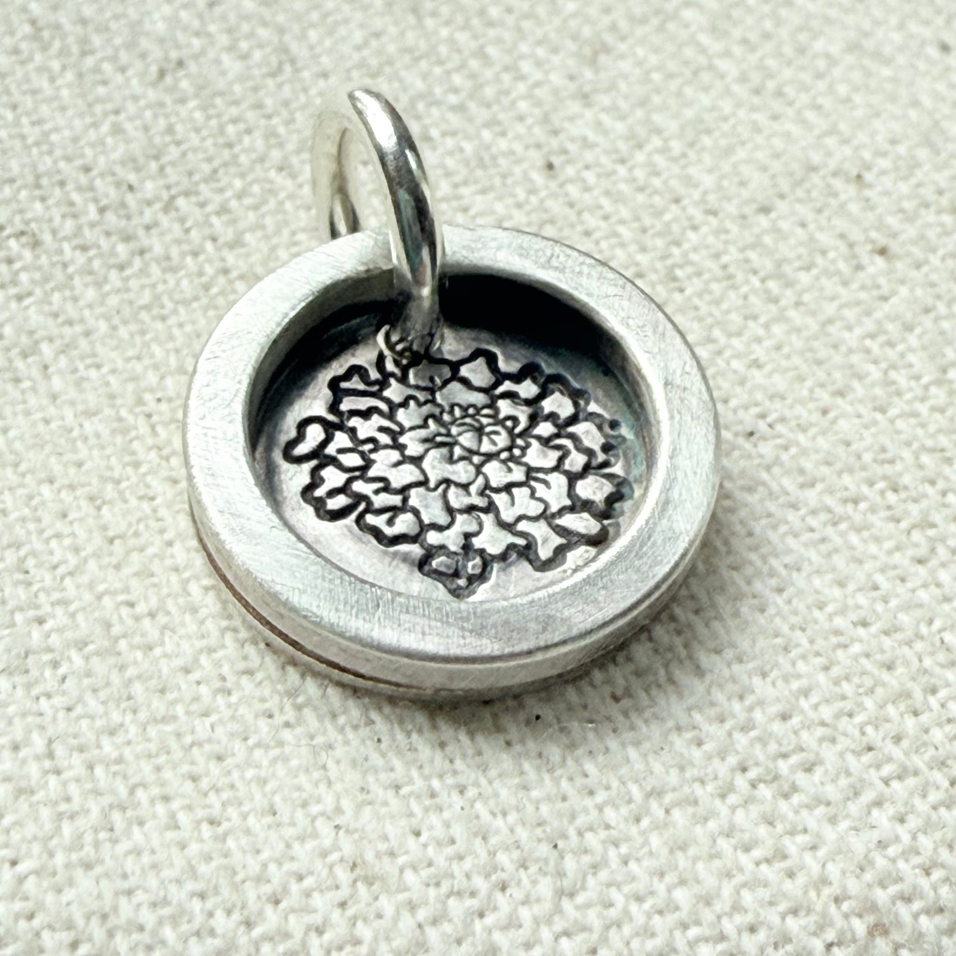 Marigold Birth flower sterling silver wax seal style pendant with raised border hand crafted from sterling silver sheet and wire - drake designs jewelry