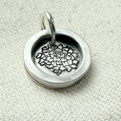 Marigold Birth flower sterling silver wax seal style pendant with raised border hand crafted from sterling silver sheet and wire - drake designs jewelry