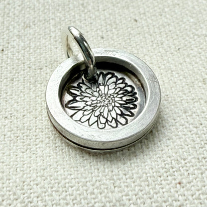 Chrysanthemum Birth flower sterling silver wax seal style pendant with raised border hand crafted from sterling silver sheet and wire - drake designs jewelry