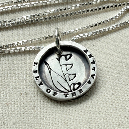 Solid sterling silver lily of the valley pendant necklace with thick raised edge border - drake designs jewelry