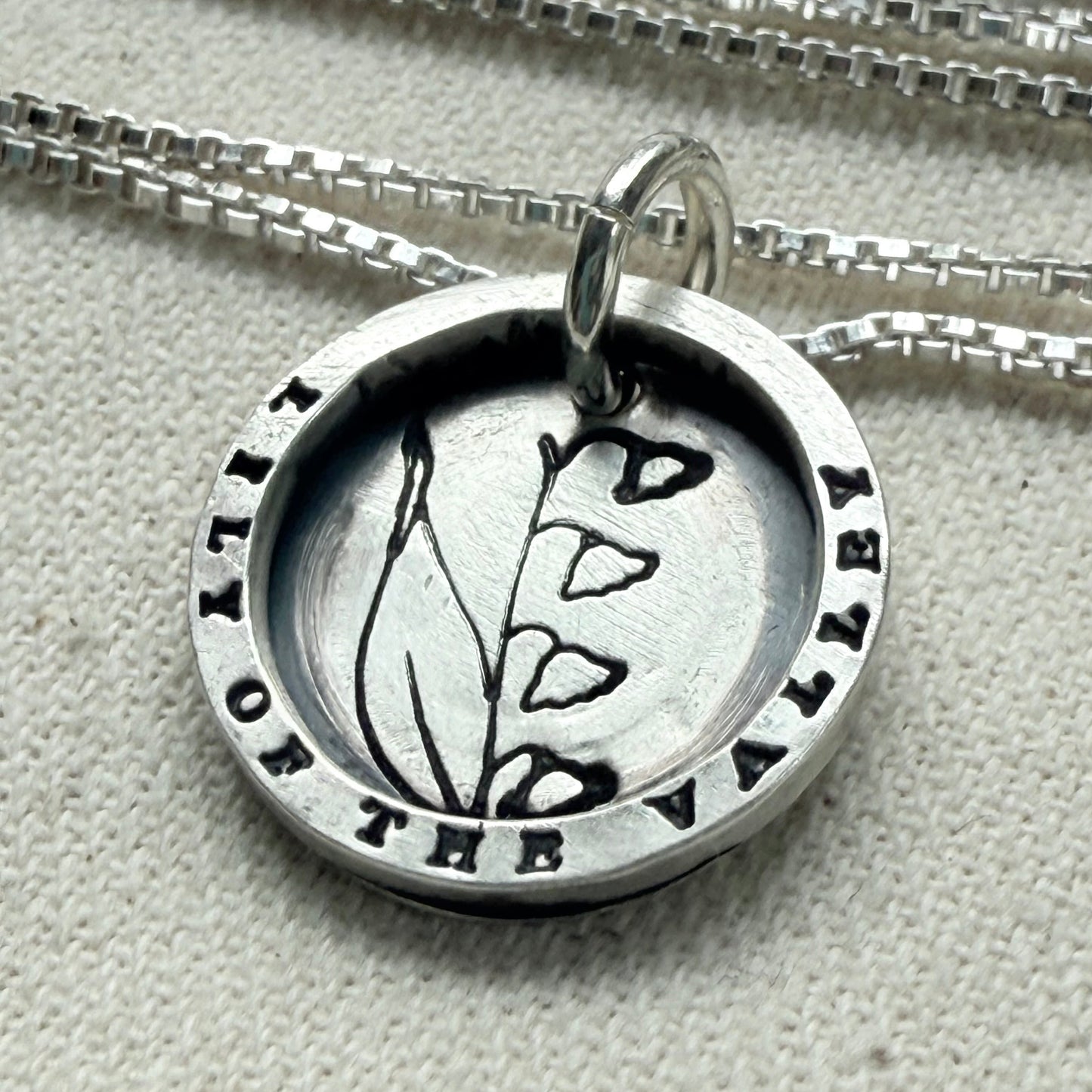 Solid sterling silver lily of the valley pendant necklace with thick raised edge border - drake designs jewelry