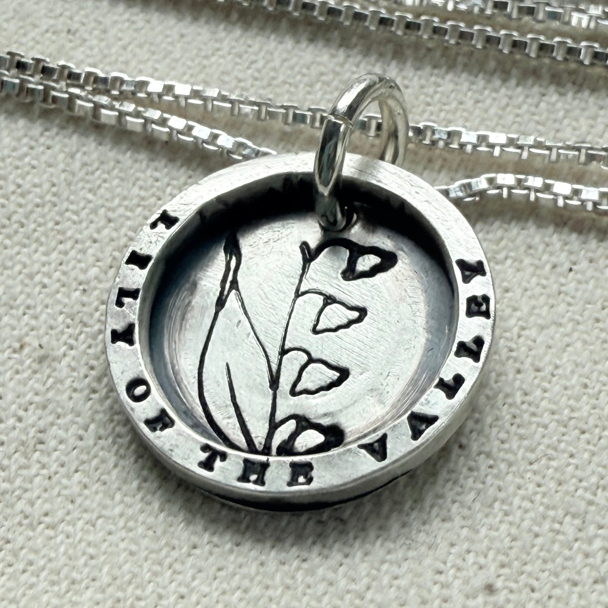 Solid sterling silver lily of the valley pendant necklace with thick raised edge border - drake designs jewelry
