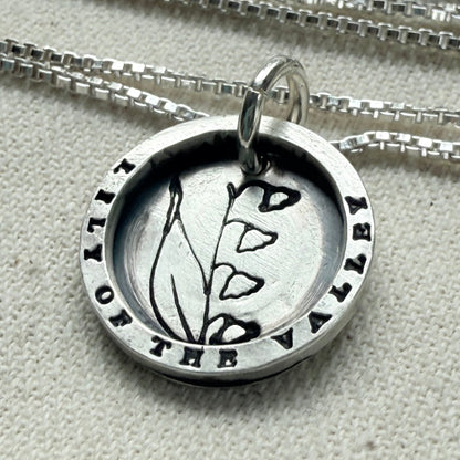 Solid sterling silver lily of the valley pendant necklace with thick raised edge border - drake designs jewelry