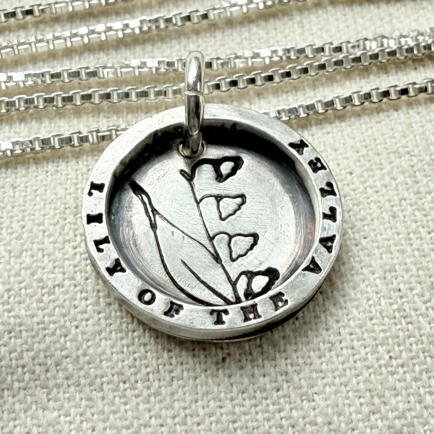 Solid sterling silver lily of the valley pendant necklace with thick raised edge border - drake designs jewelry