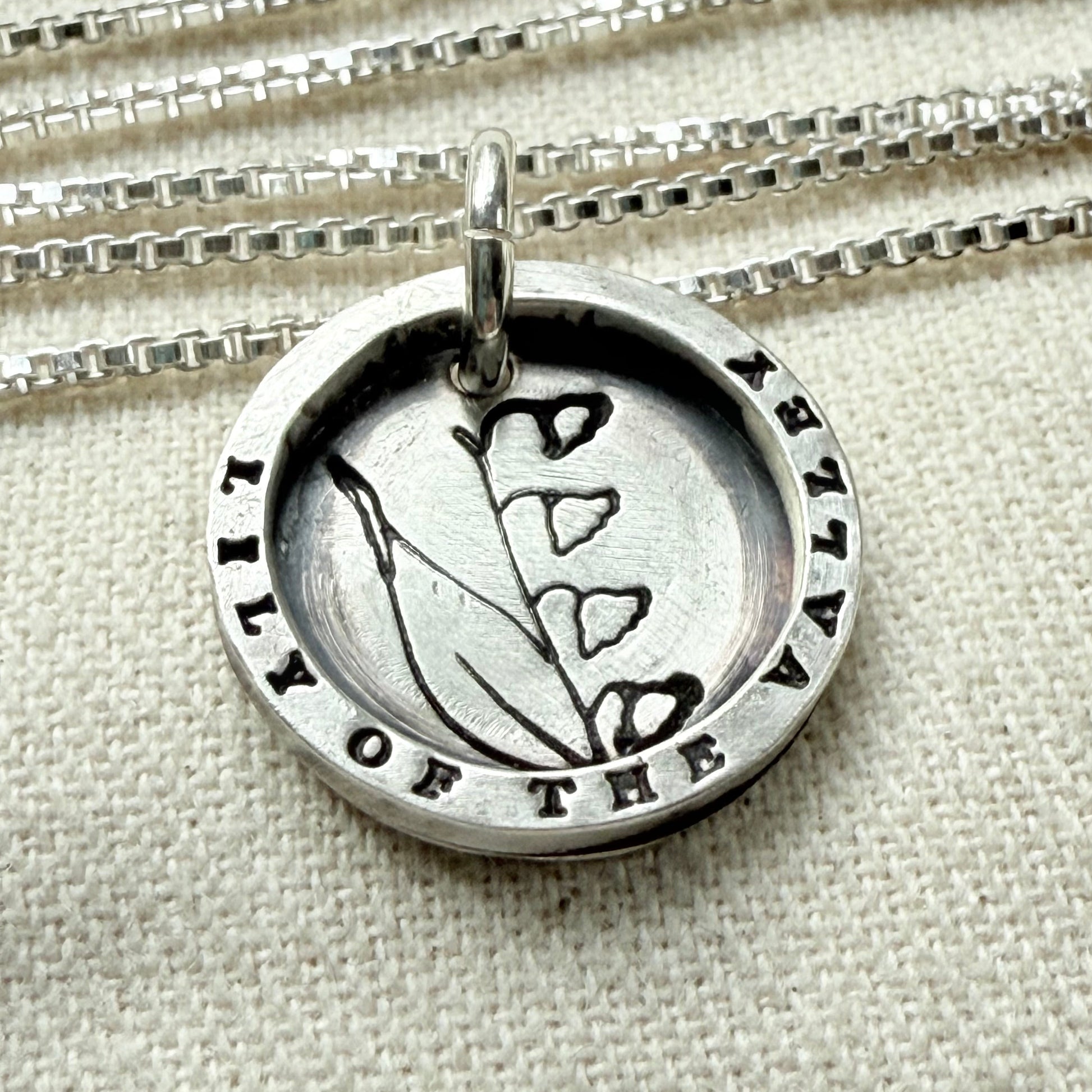 Solid sterling silver lily of the valley pendant necklace with thick raised edge border - drake designs jewelry