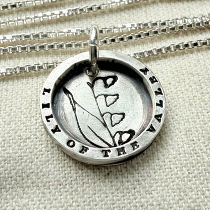 Solid sterling silver lily of the valley pendant necklace with thick raised edge border - drake designs jewelry