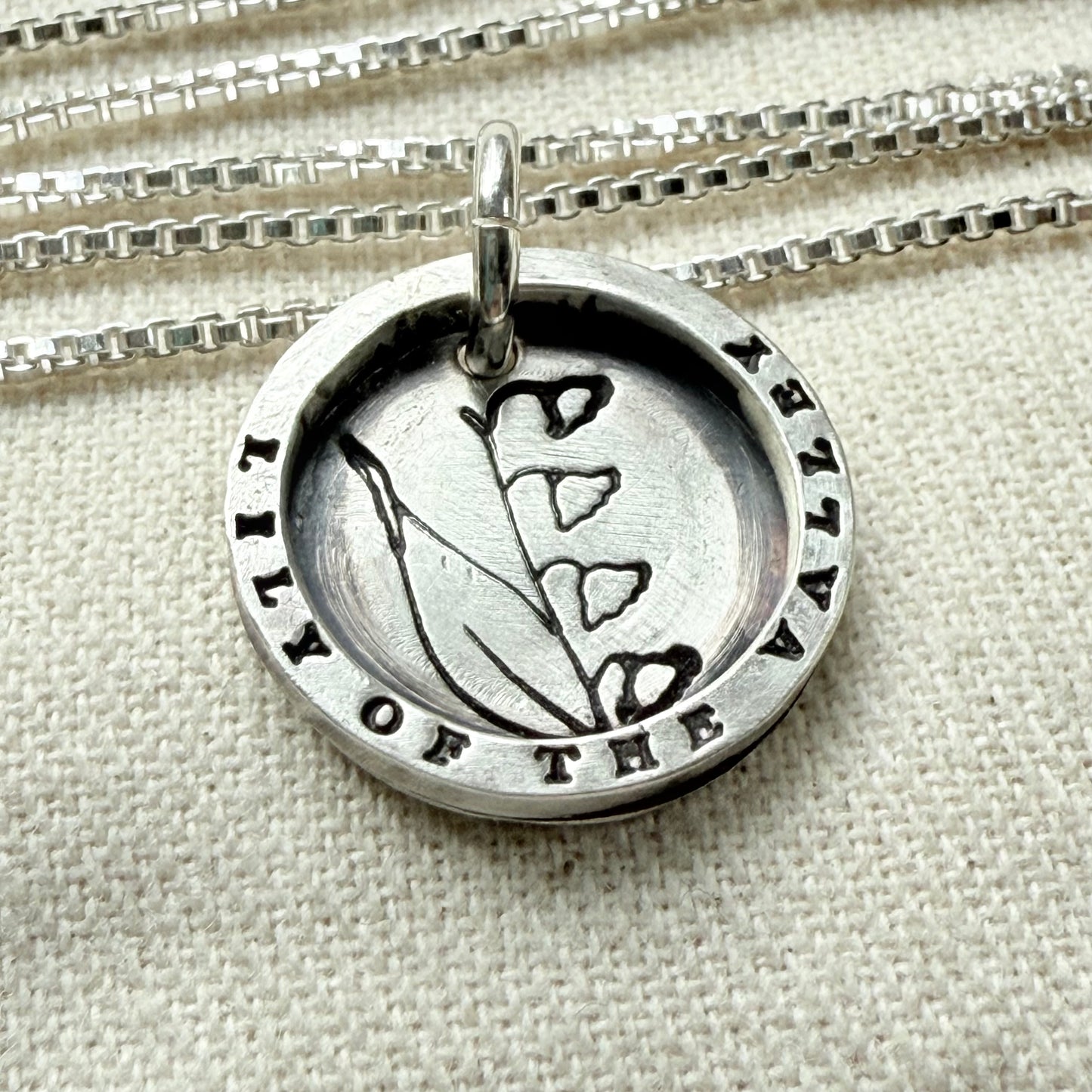 Solid sterling silver lily of the valley pendant necklace with thick raised edge border - drake designs jewelry