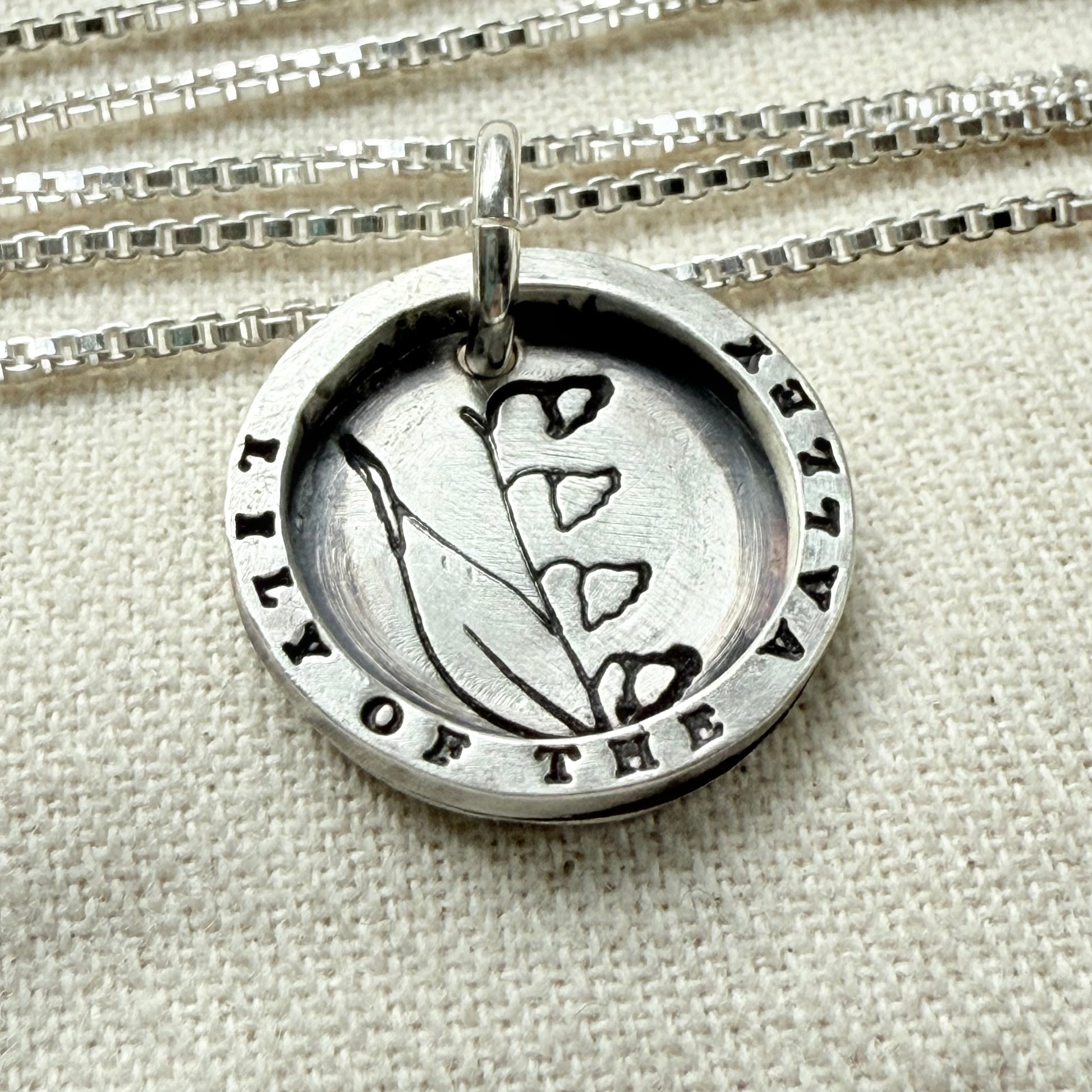Solid sterling silver lily of the valley pendant necklace with thick raised edge border - drake designs jewelry
