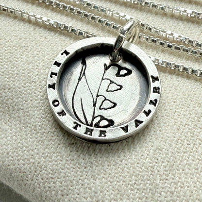 Solid sterling silver lily of the valley pendant necklace with thick raised edge border - drake designs jewelry