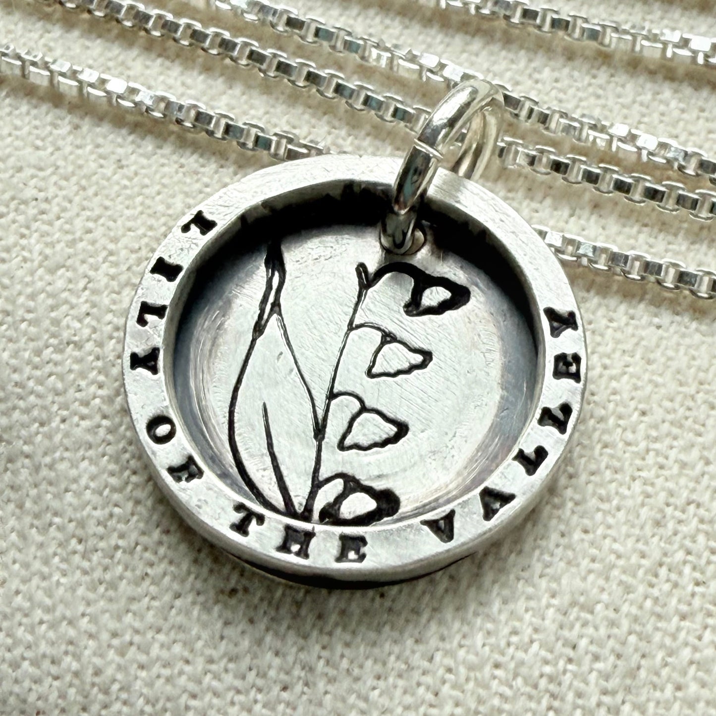 Solid sterling silver lily of the valley pendant necklace with thick raised edge border - drake designs jewelry