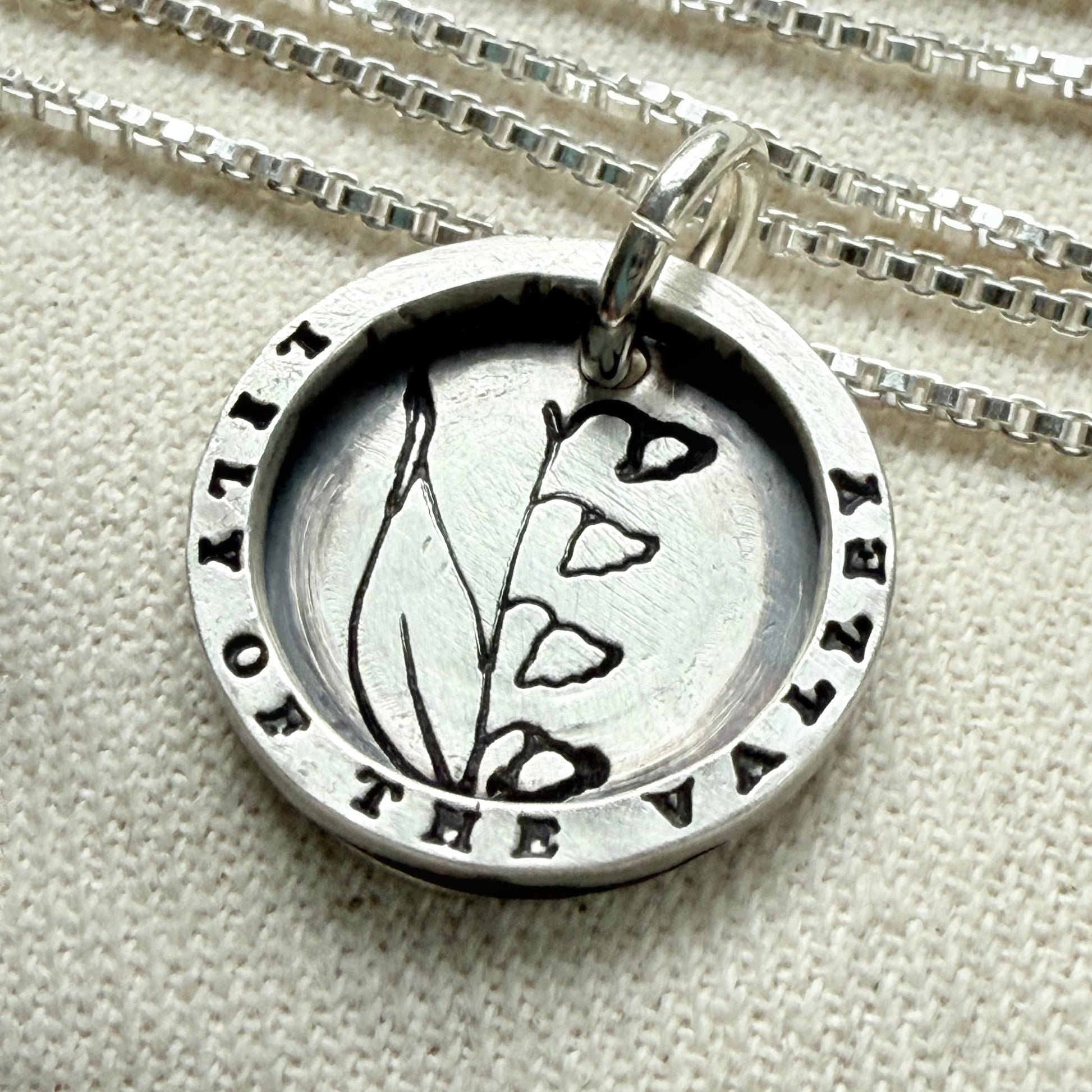 Solid sterling silver lily of the valley pendant necklace with thick raised edge border - drake designs jewelry