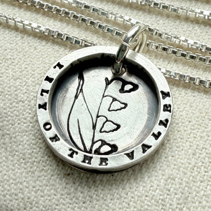 Solid sterling silver lily of the valley pendant necklace with thick raised edge border - drake designs jewelry