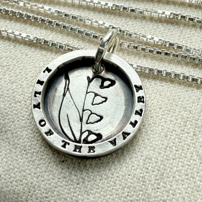 Solid sterling silver lily of the valley pendant necklace with thick raised edge border - drake designs jewelry