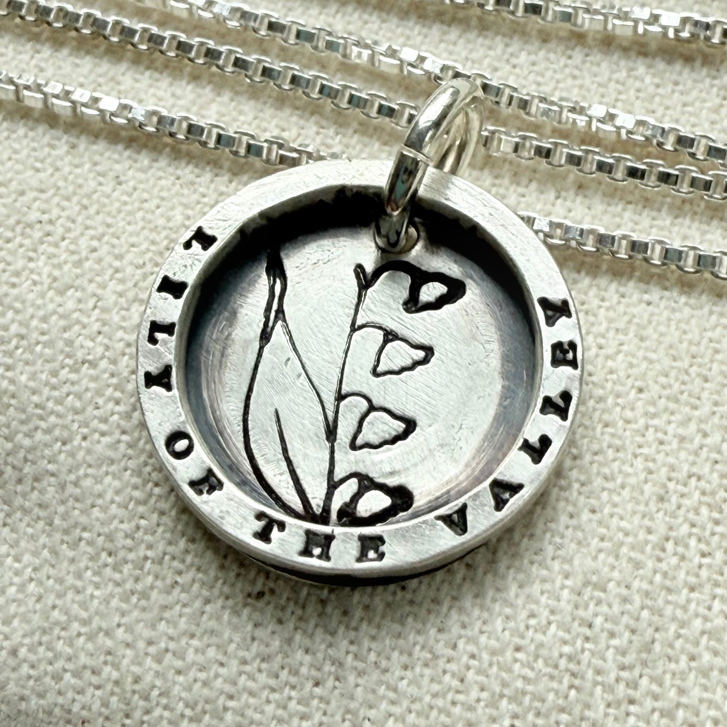 Solid sterling silver lily of the valley pendant necklace with thick raised edge border - drake designs jewelry