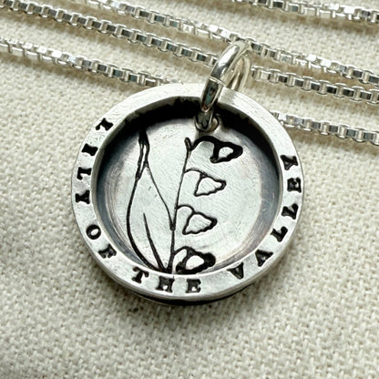Solid sterling silver lily of the valley pendant necklace with thick raised edge border - drake designs jewelry