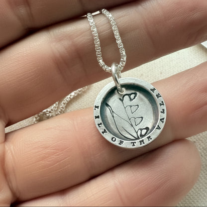 Solid sterling silver lily of the valley pendant necklace with thick raised edge border - drake designs jewelry