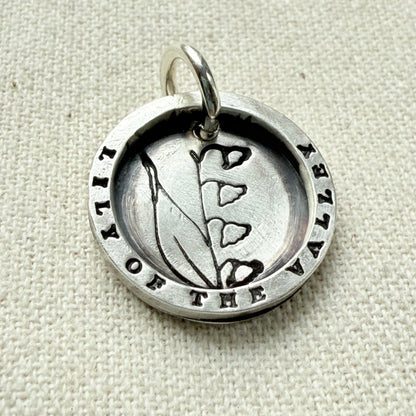 Solid sterling silver lily of the valley pendant necklace with thick raised edge border - drake designs jewelry