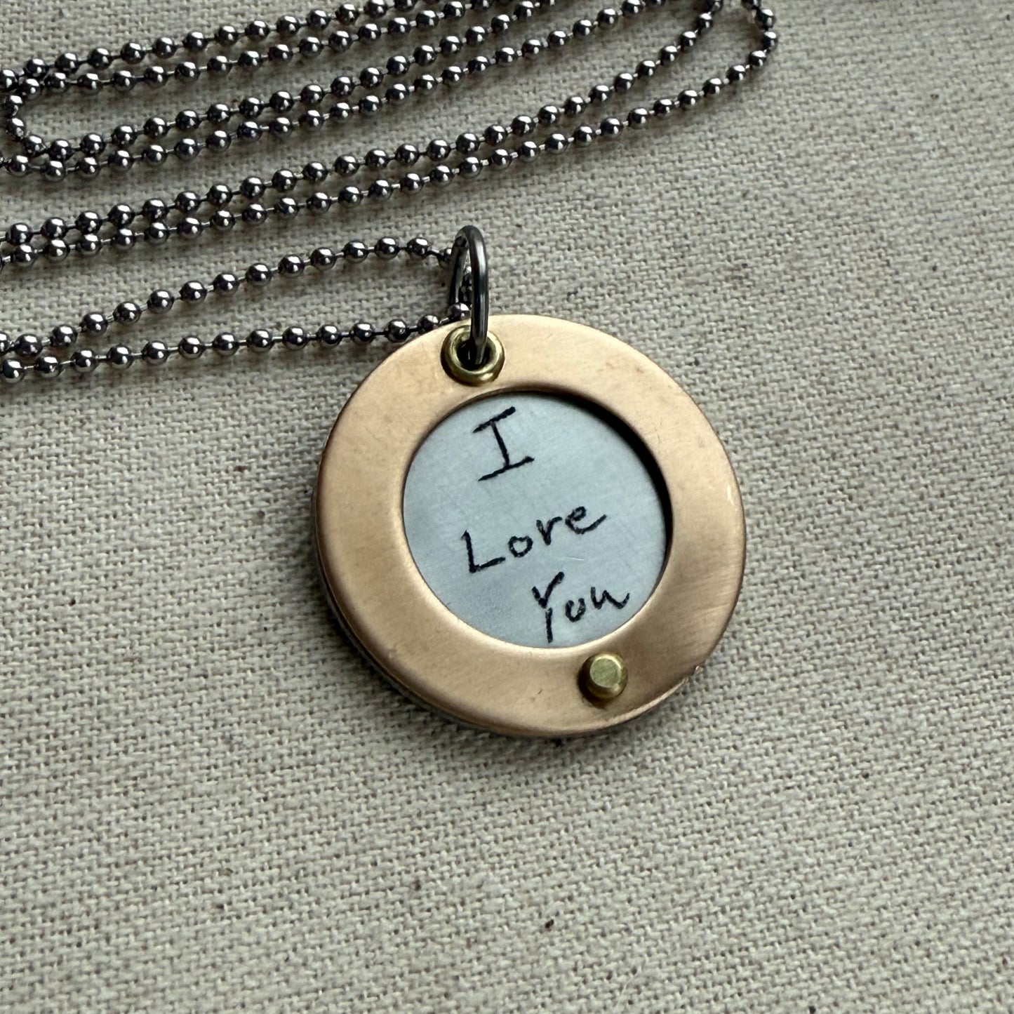 Silver Pendant Necklace with Actual handwriting engraved with gold border riveted by hand - personalized with loved ones handwriting - drake designs jewelry