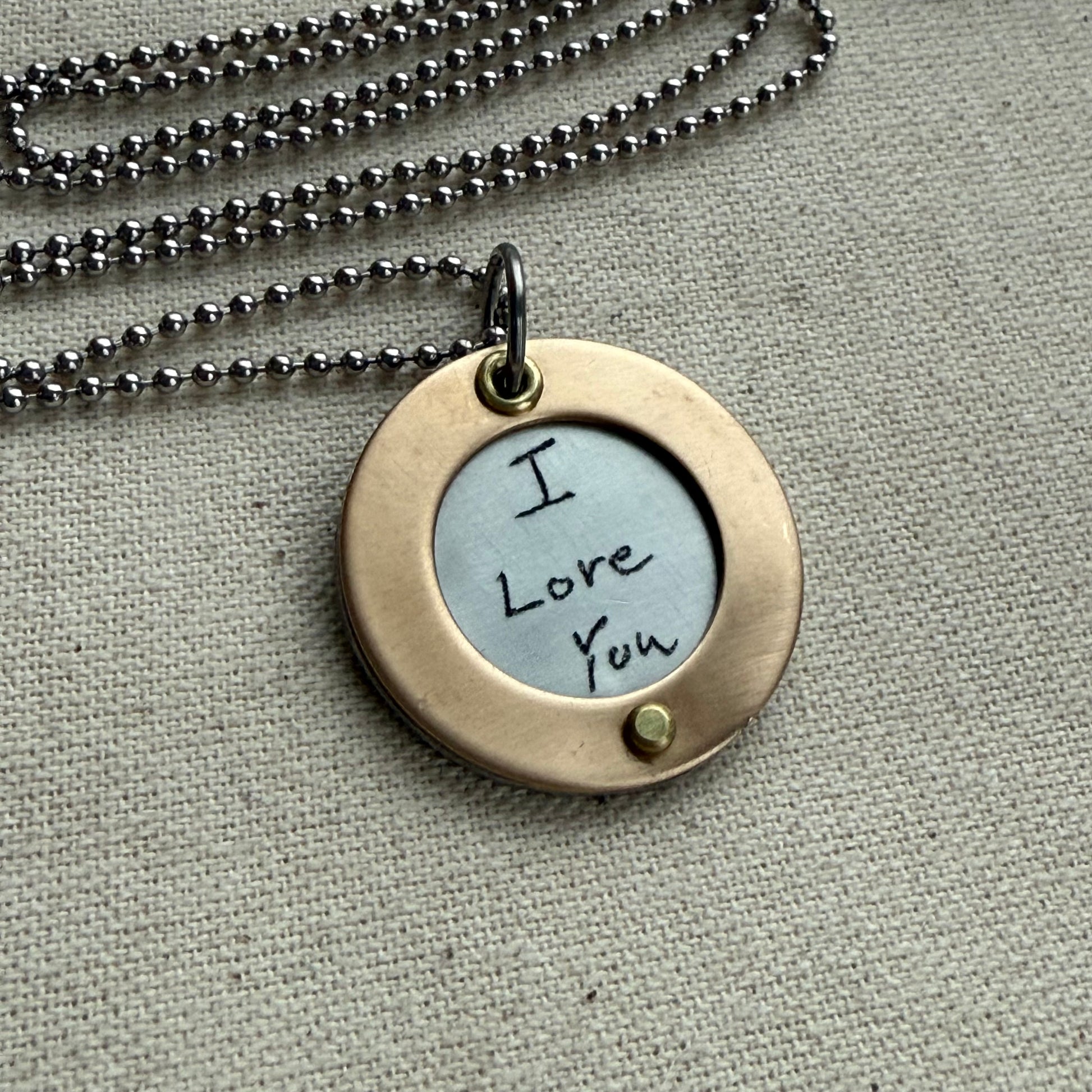 Silver Pendant Necklace with Actual handwriting engraved with gold border riveted by hand - personalized with loved ones handwriting - drake designs jewelry