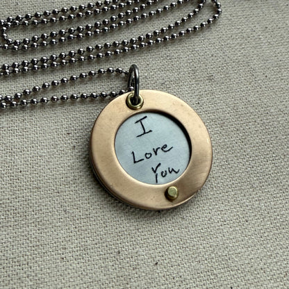 Silver Pendant Necklace with Actual handwriting engraved with gold border riveted by hand - personalized with loved ones handwriting - drake designs jewelry