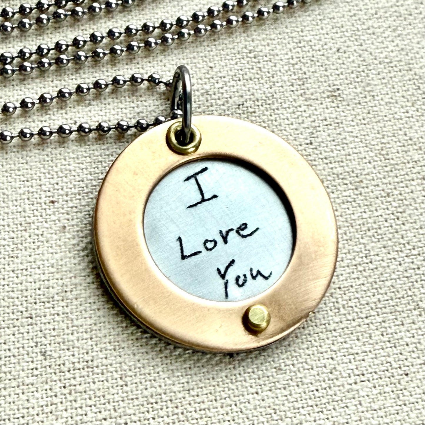 Silver Pendant Necklace with Actual handwriting engraved with gold border riveted by hand - personalized with loved ones handwriting - drake designs jewelry