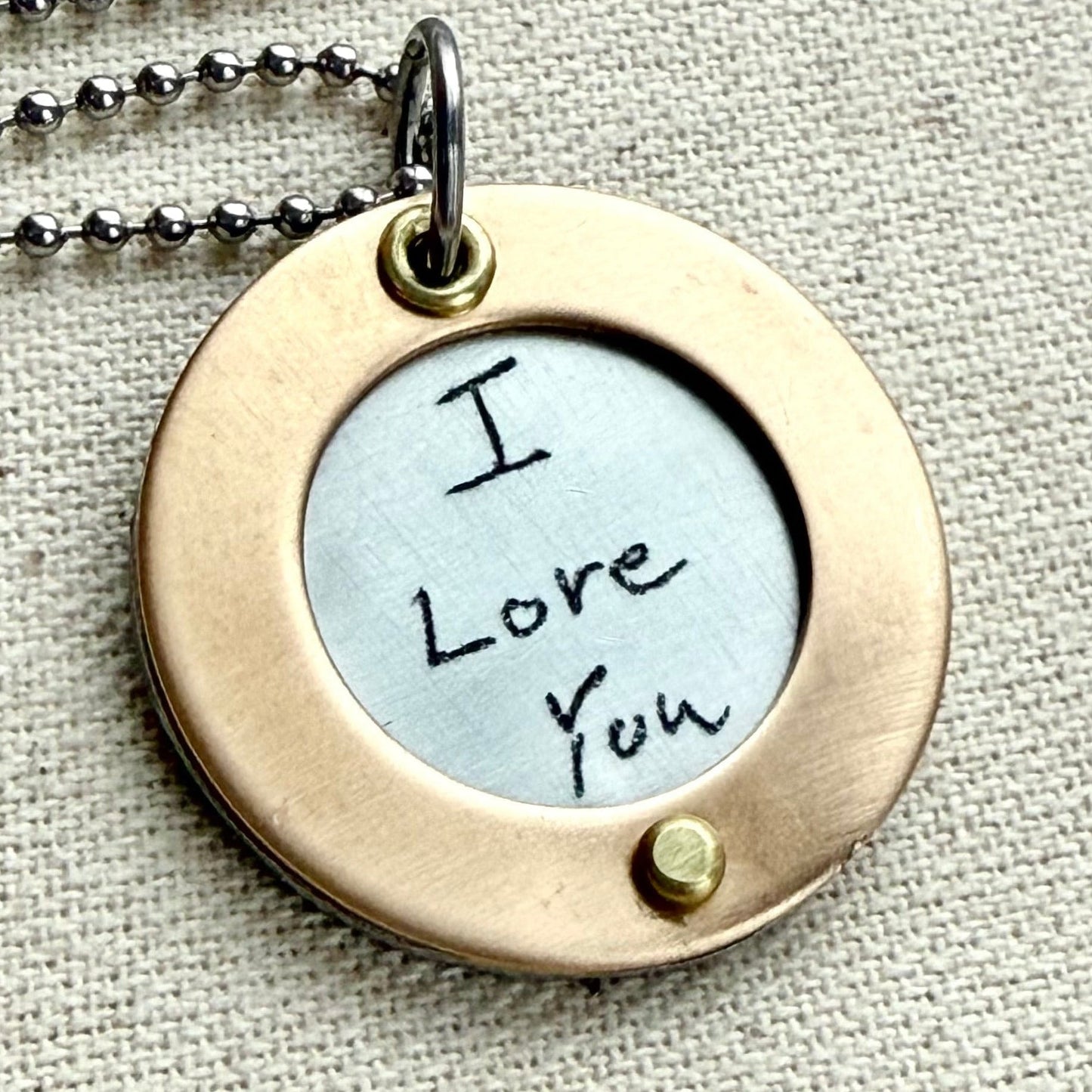 Silver Pendant Necklace with Actual handwriting engraved with gold border riveted by hand - personalized with loved ones handwriting - bronze anniversary gift - drake designs jewelry