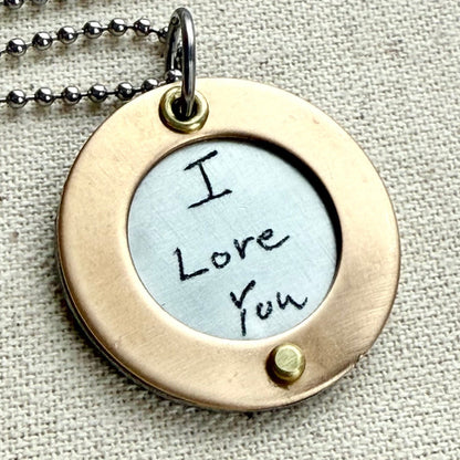 Silver Pendant Necklace with Actual handwriting engraved with gold border riveted by hand - personalized with loved ones handwriting - bronze anniversary gift - drake designs jewelry