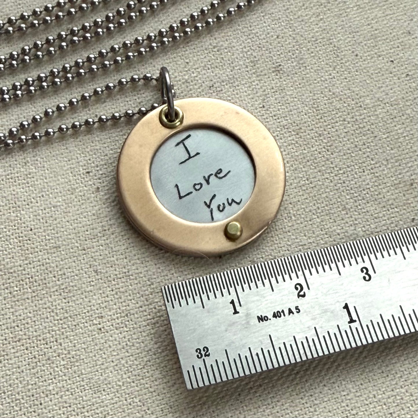 Silver Pendant Necklace with Actual handwriting engraved with gold border riveted by hand - personalized with loved ones handwriting - drake designs jewelry