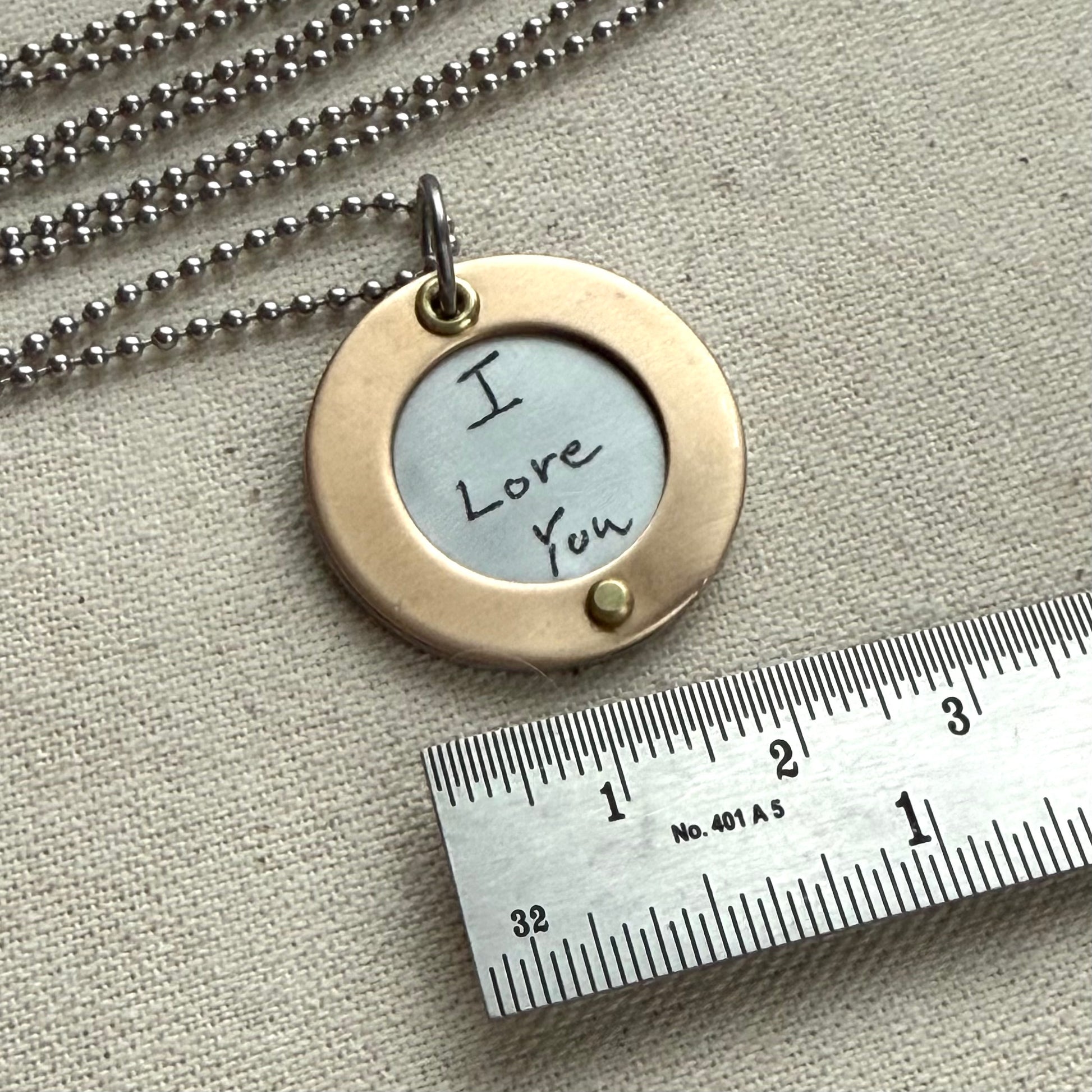 Silver Pendant Necklace with Actual handwriting engraved with gold border riveted by hand - personalized with loved ones handwriting - drake designs jewelry