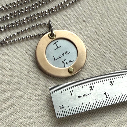 Silver Pendant Necklace with Actual handwriting engraved with gold border riveted by hand - personalized with loved ones handwriting - drake designs jewelry