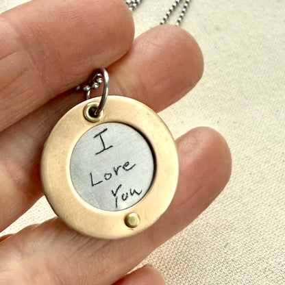 Silver Pendant Necklace with Actual handwriting engraved with gold border riveted by hand - personalized with loved ones handwriting - drake designs jewelry