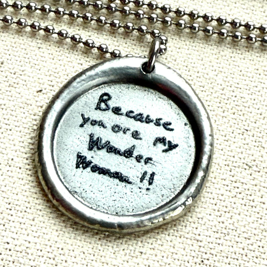 Wax seal silver necklace with actual handwriting of loved ones engraved - Drake designs jewelry