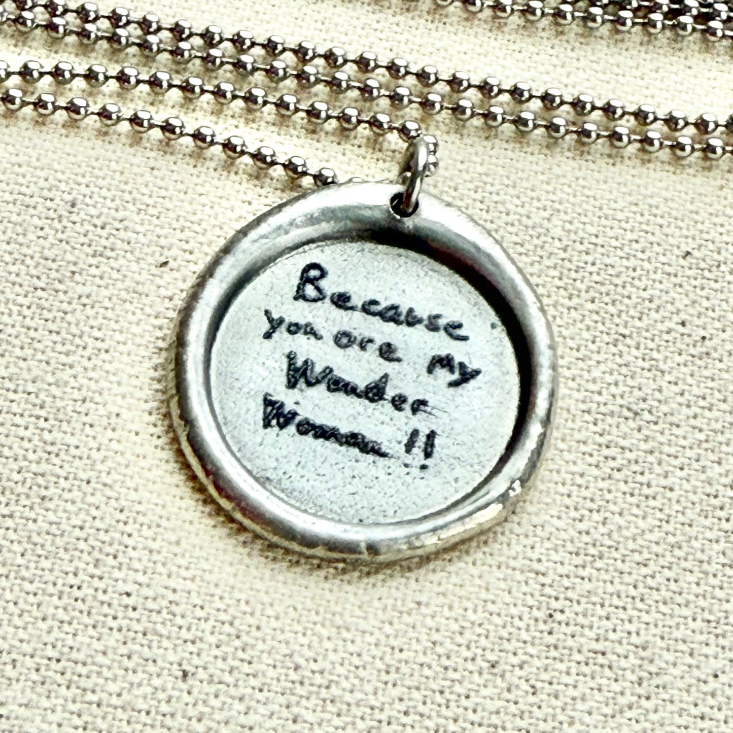 Wax seal silver necklace with actual handwriting of loved ones engraved - Drake designs jewelry