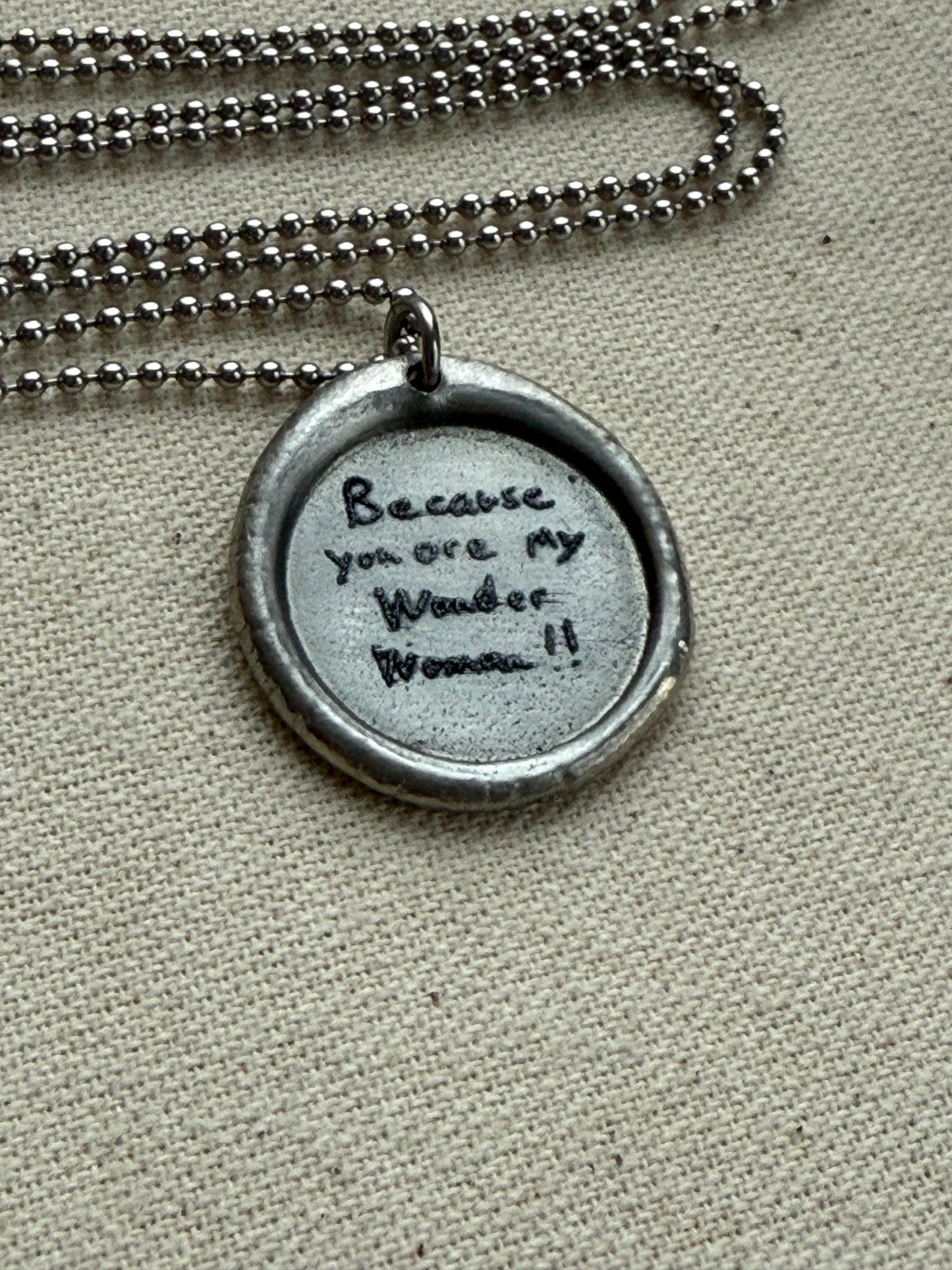 Wax seal silver necklace with actual handwriting of loved ones engraved - Drake designs jewelry