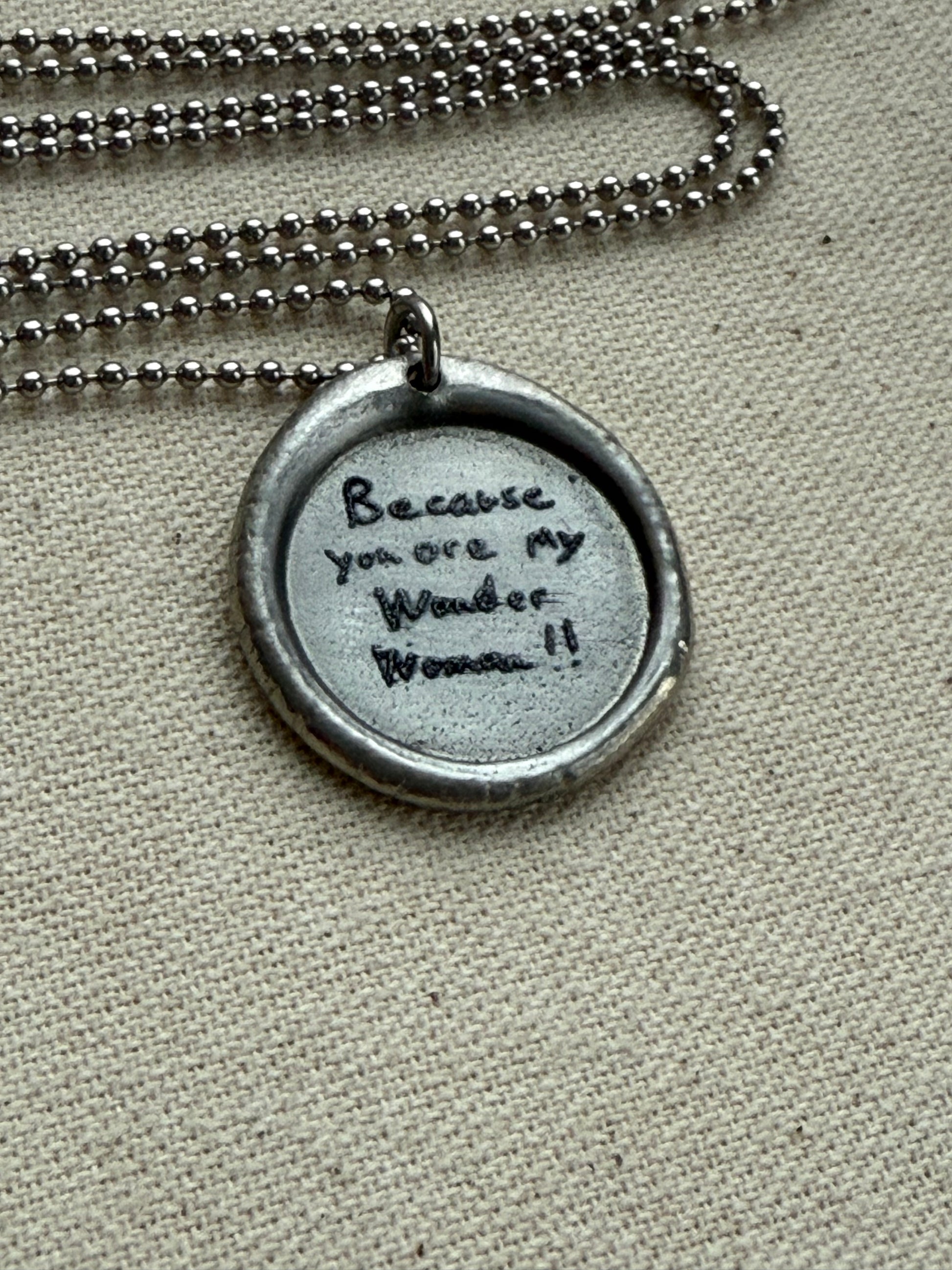Wax seal silver necklace with actual handwriting of loved ones engraved - Drake designs jewelry