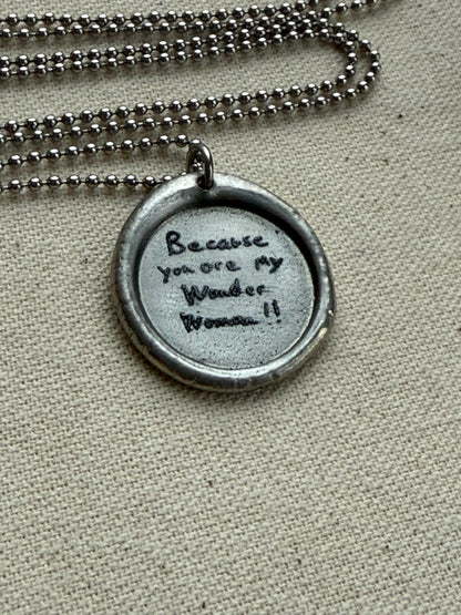 Wax seal silver necklace with actual handwriting of loved ones engraved - Drake designs jewelry