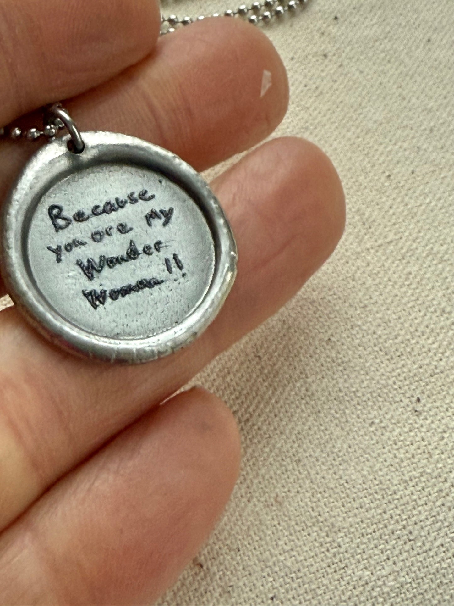 Wax seal silver necklace with actual handwriting of loved ones engraved - Drake designs jewelry