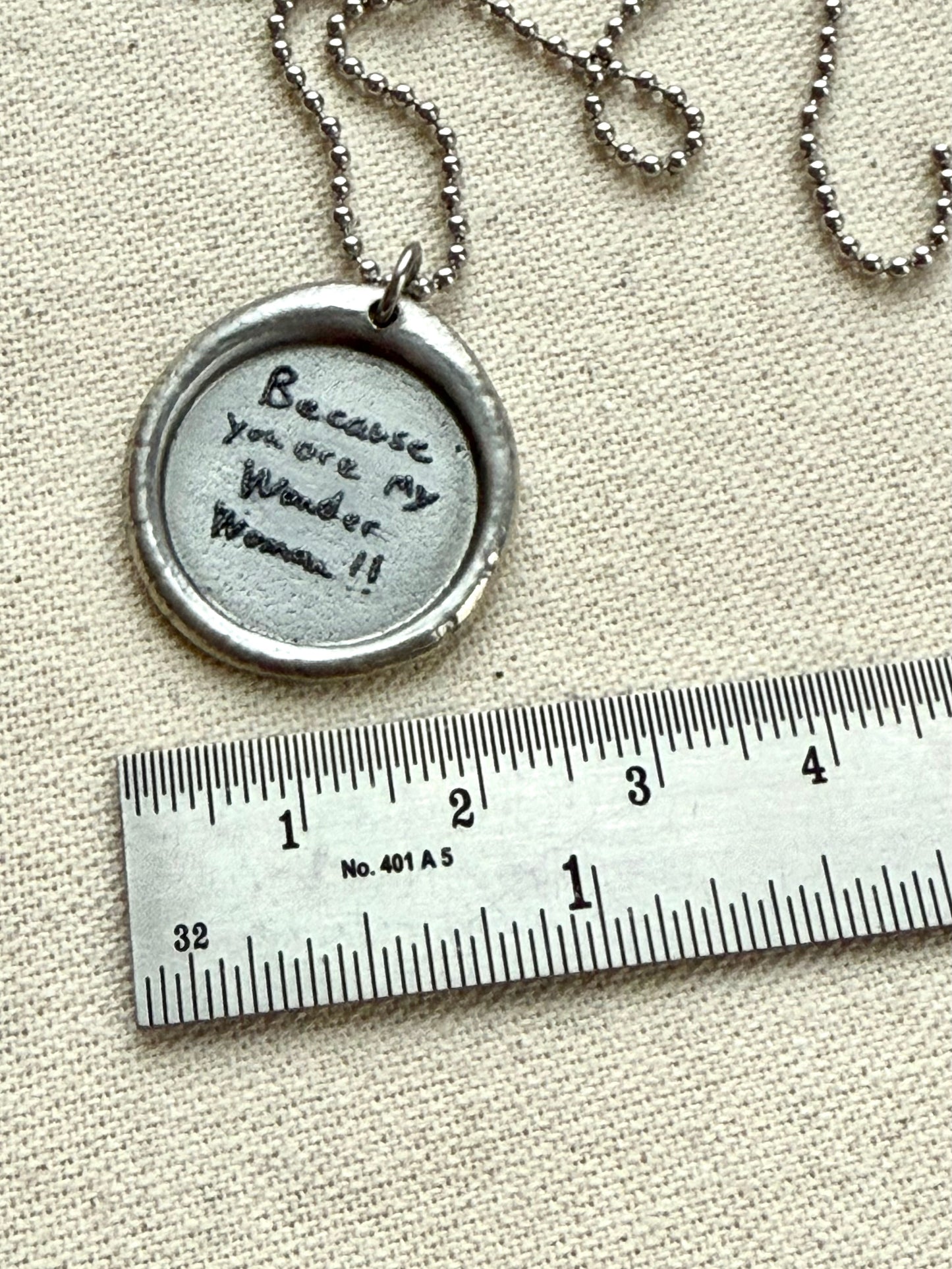 Wax seal silver necklace with actual handwriting of loved ones engraved - Drake designs jewelry